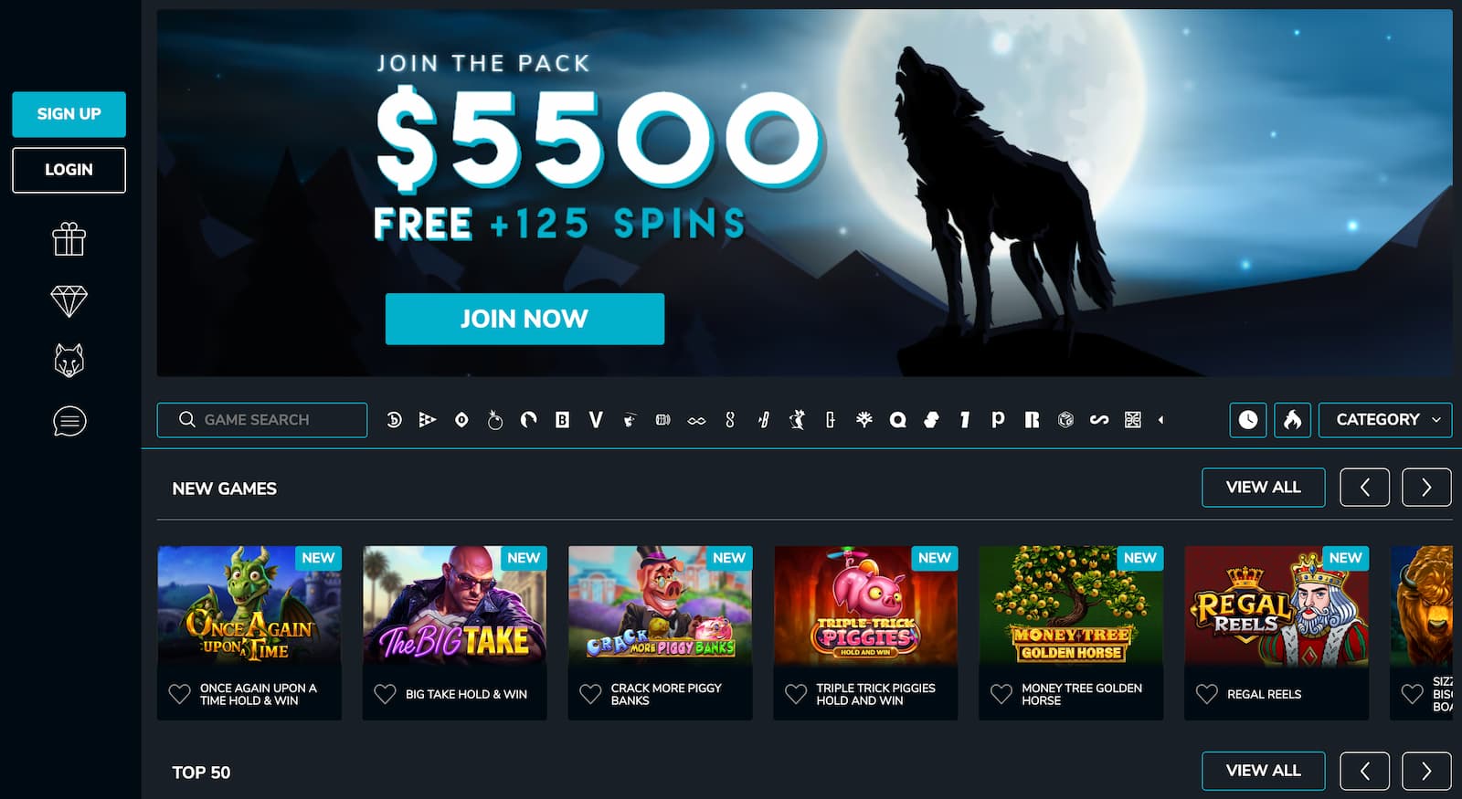 Wolfwinner lobby with 1,800+ pokies